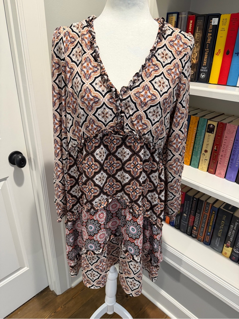 Anthropologie Patterned Mini Dress in Brown, Cream, Black